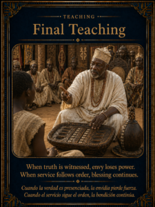 Final Teaching character card showing sacred instruction before an Òpón Ifá in a Yoruba council setting.