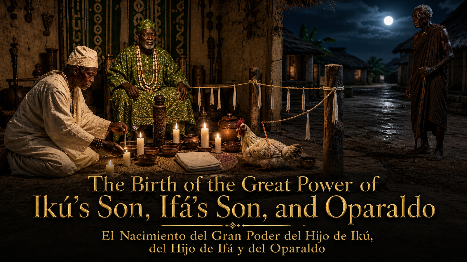 Cinematic IFAStories title image for Oyekun Iroso showing Ikú, the son of Ifá, and sacred oparaldo symbolism.