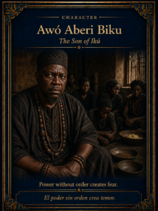 Awó Aberi Biku seated in darkness, representing power surrounded by fear and instability.