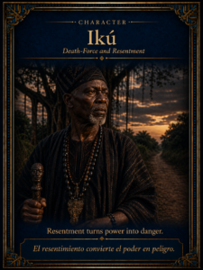 Ikú standing on a shadowed road, representing resentment, death-force, and dangerous hidden movement.