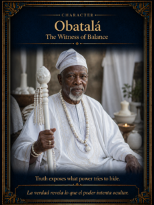 Obatalá in white robes holding a staff, revealing truth and balance before Ikú.