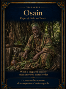 Osain seated among herbs, roots, gourds, and forest materials used for hidden spiritual preparation.