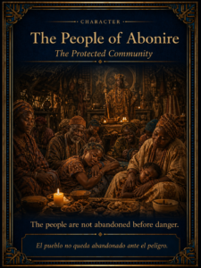 The people of Abonire resting after eating, protected by sacred order as danger approaches.