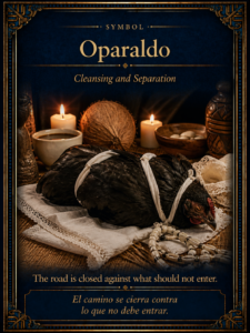 Oparaldo ritual elements with tied black hen, coconut, cloth, candles, and sacred materials.