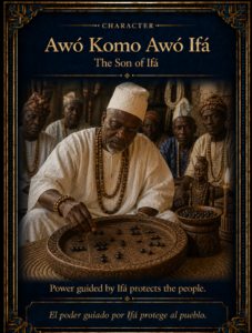 Awó Komo Awó Ifá seated before an Òpón Ifá with ikin, guiding protection for the people.