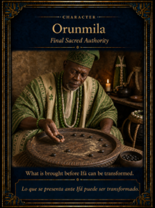 Orunmila seated before an Òpón Ifá with ikin, transforming hidden danger through sacred authority.