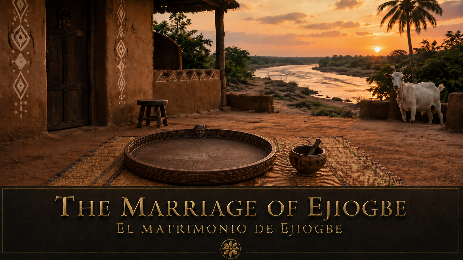 Cinematic title image for The Marriage of Ejiogbe, showing a Yoruba courtyard at sunset with an Òpón Ifá, river landscape, and he-goat symbolizing the forgotten offering to Esu.
