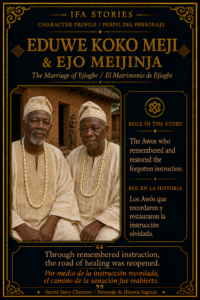 Character card of Eduwe Koko Meji and Ejo Meijinja from The Marriage of Ejiogbe, showing the two Awos who remembered and restored the forgotten instruction.