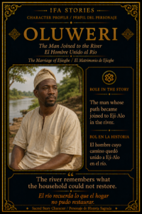 Character card of Oluweri from The Marriage of Ejiogbe, showing the man whose path became joined to Eji-Alo in the river.