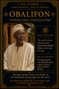 Character card of Obalifon from The Marriage of Ejiogbe, showing him as a sacred witness whose presence helped bring hidden sorrow into the open.