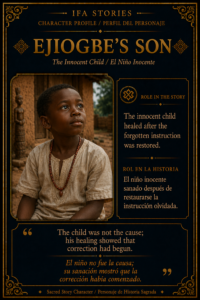 Character card of Ejiogbe’s son from The Marriage of Ejiogbe, showing the innocent child healed after the forgotten instruction was restored.