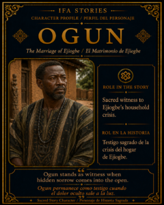 Character card of Ogun from The Marriage of Ejiogbe, showing him as a sacred witness to Ejiogbe’s household crisis.