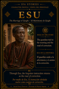 Character card of Esu from The Marriage of Ejiogbe, showing him as the guardian tied to the warning and the road of correction.