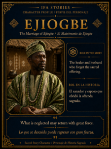 Character card of Ejiogbe from The Marriage of Ejiogbe, showing him as the healer and husband who forgot the sacred offering.
