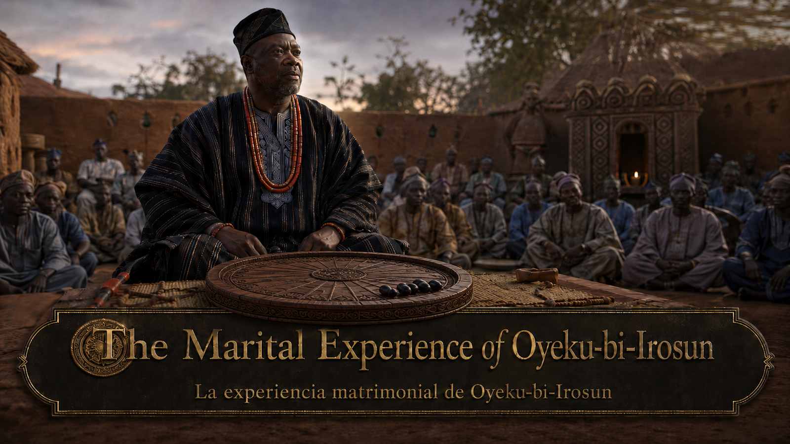 Title image for The Marital Experience of Oyeku-bi-Irosun, showing Oyeku-bi-Irosun before a gathered community in a traditional Yoruba setting.