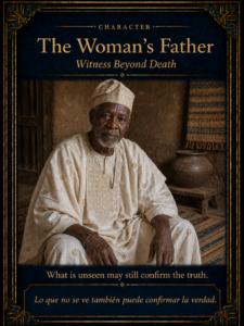 Character card of the woman’s father, an elderly Yoruba man representing the unseen truth confirmed in the story.