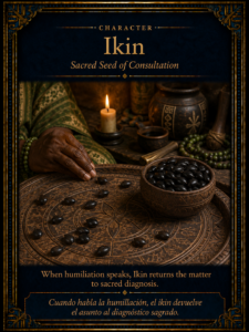 Character card of black ikin palm nuts on a round Òpón Ifá, used for sacred consultation in Ifá divination.