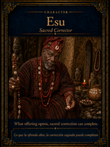Character card of Esu as a sacred corrector in the Oyeku-bi-Irosun story, shown respectfully in earth-red traditional attire.
