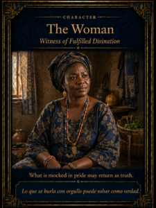 Character card of the woman from the Oyeku-bi-Irosun story, seated in traditional Yoruba attire as the witness of fulfilled divination.