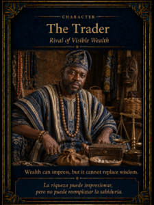 Character card of the trader from the Oyeku-bi-Irosun story, shown in traditional attire with symbols of visible wealth.