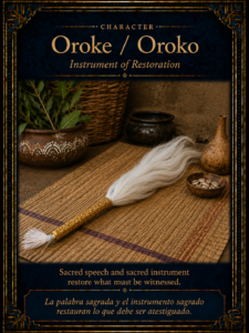 Character card of Oroke / Oroko, shown as a white horsetail-like sacred implement with a decorated handle.