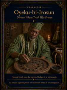 Character card of Oyeku-bi-Irosun, an Ifá diviner, seated before a round Òpón Ifá with black ikin used for sacred consultation.