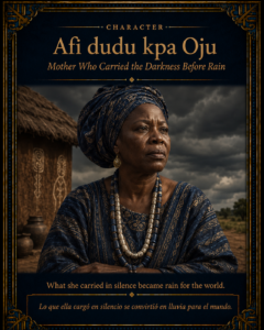 Character card for Afi dudu kpa Oju, the mother of Rain, shown in traditional Yoruba clothing beneath a dark storm sky symbolizing hidden destiny before manifestation.