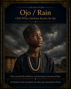 Character card for Ojo / Rain, a young Yoruba child shown beneath dark storm clouds, symbolizing misunderstood appearance and hidden destiny before renewal.