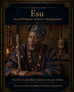 Character card for Esu, shown as a dignified Yoruba sacred figure who prepares Rain’s manifestation through black attire, soap foam, and cudgels.