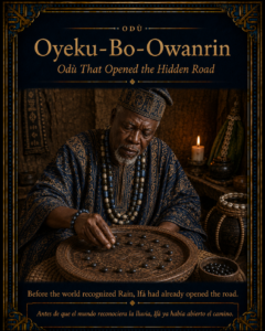 Odù card for Oyeku-Bo-Owanrin showing a traditional Yoruba divination setting with a round Òpón Ifá and black ikin palm nuts.