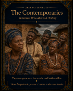 Character group card for The Contemporaries, Yoruba community witnesses who misread Rain’s appearance before his destiny was revealed.