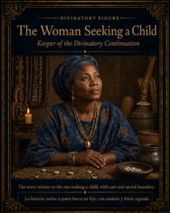 Character card for The Woman Seeking a Child, a divinatory figure from The Mother of Rain, shown seated in a sacred Yoruba setting with a solemn and hopeful expression.