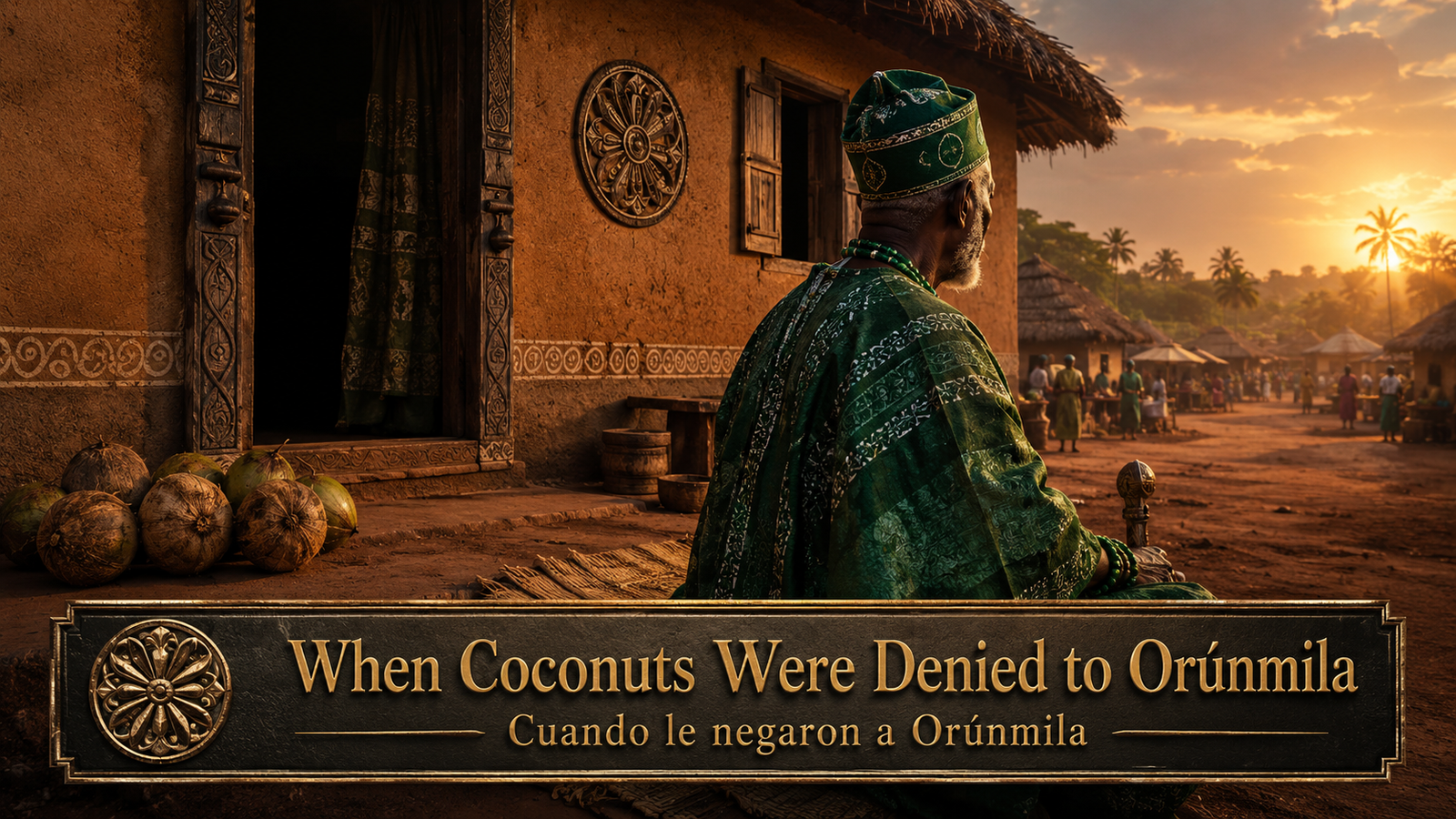 Orúnmila standing at the doorway of a humble Yoruba home as the sun sets, representing the story When Coconuts Were Denied to Orúnmila and the teaching of hospitality, sacred responsibility, and intercession.