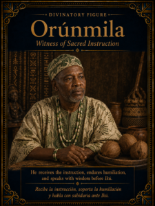 Orúnmila seated in a sacred Yoruba interior with coconuts nearby, representing sacred instruction, humility, and intercession before Ikú.
