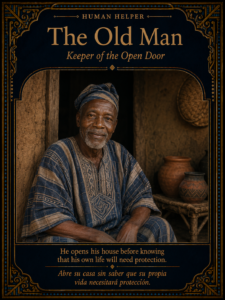 An elderly Yoruba man seated at the doorway of his humble home, symbolizing hospitality, kindness, and the protection that comes through good deeds.