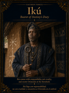 Ikú standing solemnly at the threshold of a Yoruba home, represented as a sacred force of destiny and responsibility, not horror.