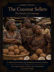 Yoruba coconut sellers in a traditional marketplace with baskets of coconuts, representing refusal, humiliation, and the burden of contempt.