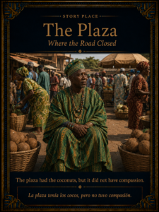 A Yoruba marketplace plaza filled with coconuts and people, with Orúnmila isolated among the crowd, symbolizing a road closed by lack of compassion.