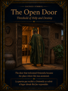 Orúnmila standing at the open doorway of the old man’s humble Yoruba home, symbolizing hospitality, destiny, and intercession.