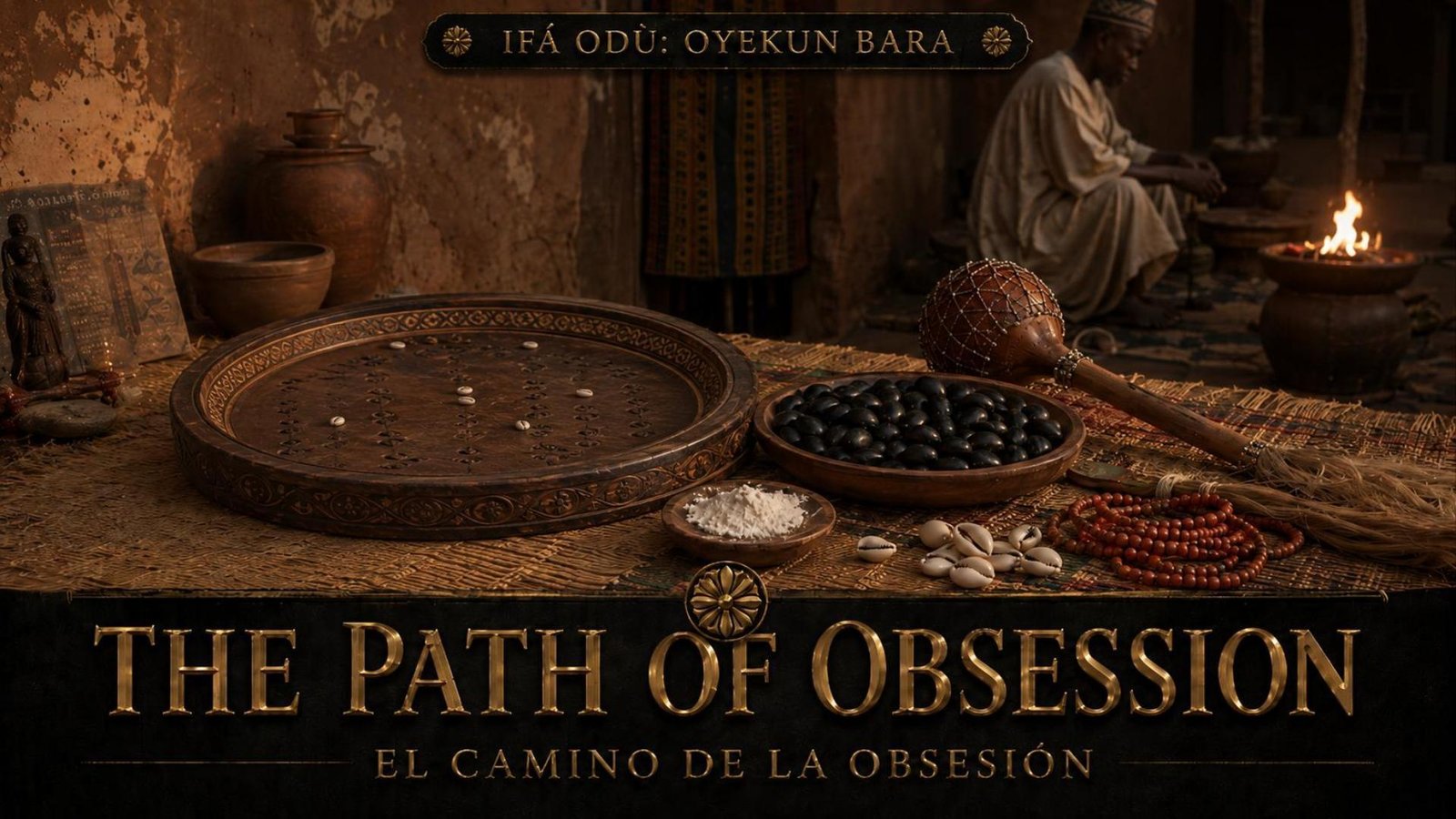 Thumbnail for The Path of Obsession, showing an Ifá divination tray with black ikín, old manuscripts, books, and a lantern, with the title text “The Path of Obsession.”