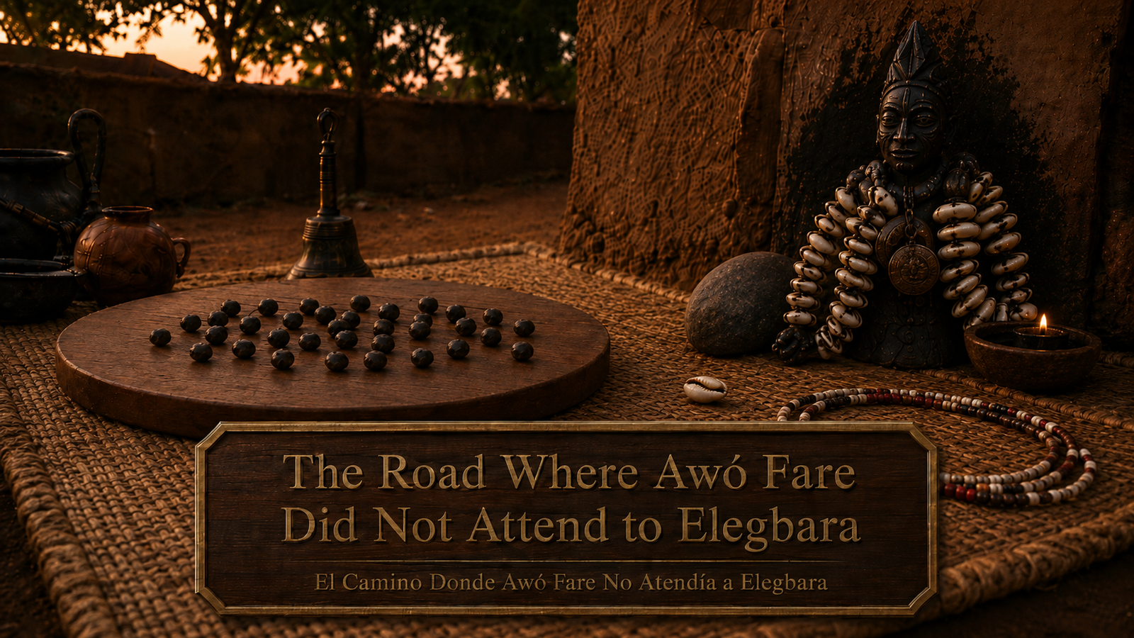 Cinematic Ifá title image for “The Road Where Awó Faré Did Not Attend to Elegbara,” showing sacred Yoruba divination symbols and an agogo bell.
