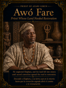 Character card for Awó Fare, the priest of Ayare Lekun whose land needed sacred restoration.