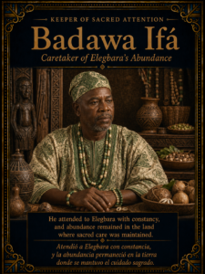 Character card for Badawa Ifá, the priest who cared for Elegbara and lived in abundance.