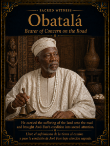 Character card for Obatalá, sacred witness who carries concern for Awó Fare’s suffering land.