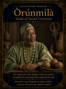 Character card for Òrúnmìlà, divine wisdom who guides the correction that restores Elegbara.