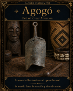 Character card for the agogó, a sacred bell used to call attention and open the road in ritual movement.