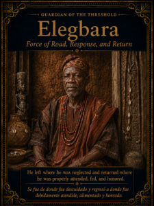 Character card for Elegbara, guardian of the threshold, shown in a sacred Yoruba shrine setting.