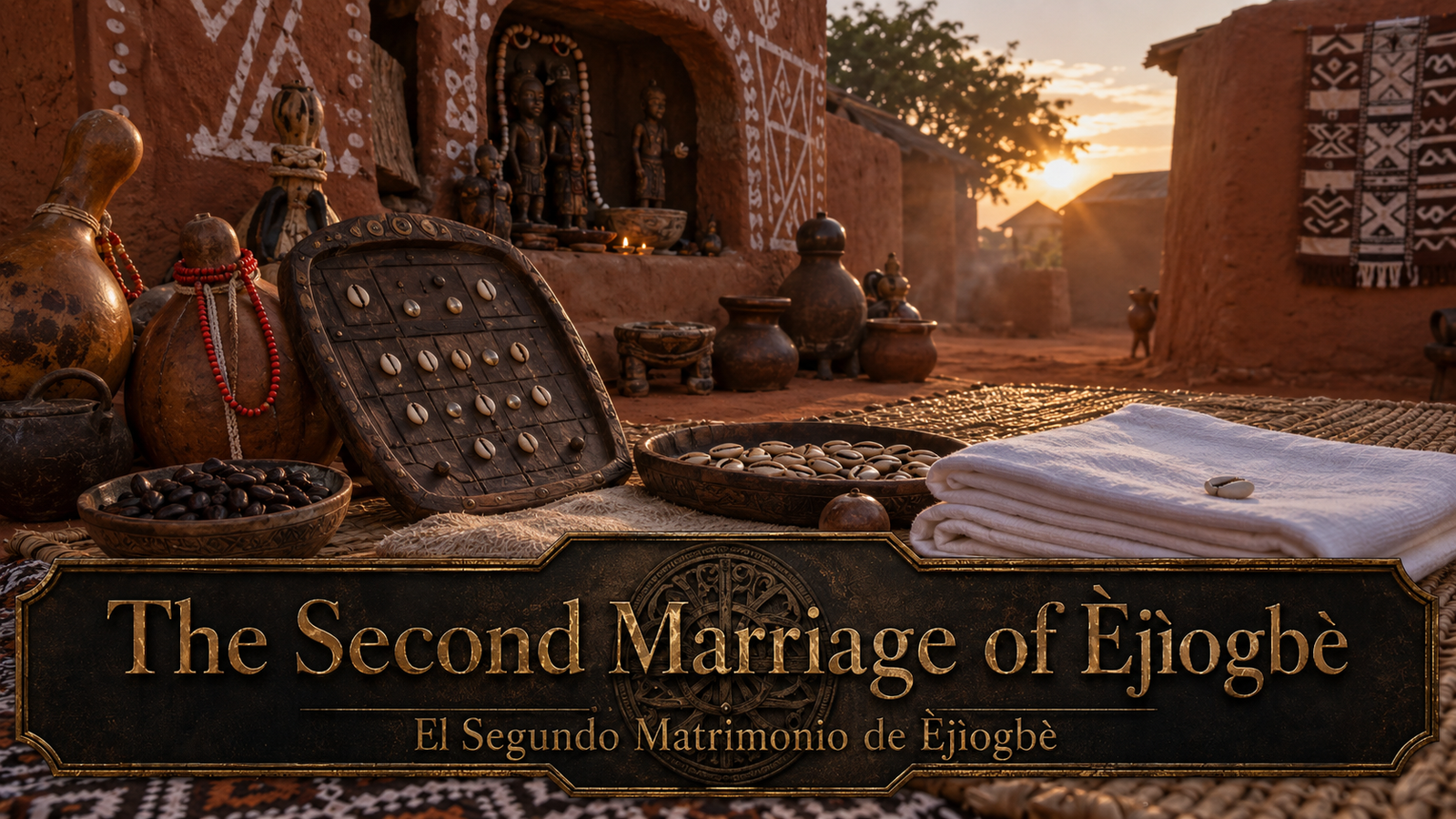 Cinematic title image for The Second Marriage of Ejiogbe, showing a solemn Yoruba ceremonial setting with Èjìogbè, Ìwèrè-wèrè, priests, and the symbolic cow’s head.