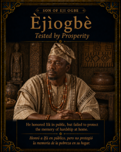 Èjìogbè character card showing a dignified Yoruba man in traditional attire, representing prosperity, humility, and remembered hardship.