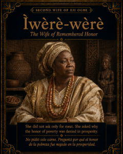 Ìwèrè-wèrè character card showing a dignified Yoruba woman whose memory of hardship and honor shapes the story’s teaching.